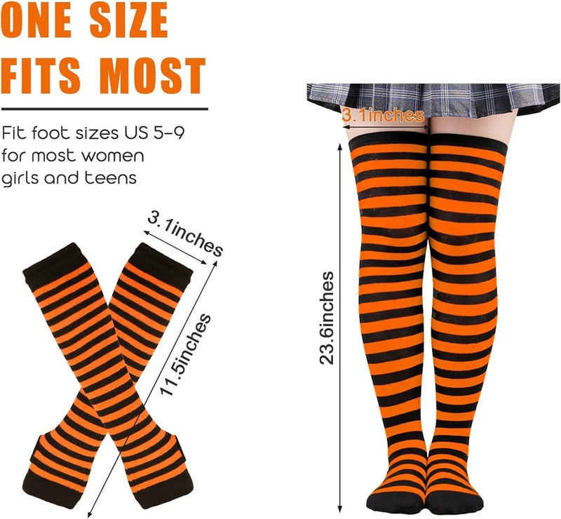 Barrlves Store 2/4 Sets Womens Striped Knee High Socks Long Knitted Arm Warmers Fingerless Gloves for Halloween Costume - Image 2